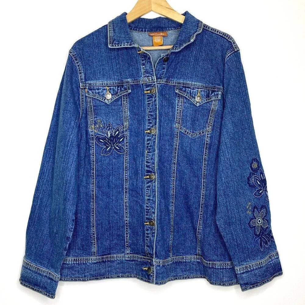 NWT Liz & Me Floral Embroidered Denim Jean Jacket Boho Plus Size 0X Blue